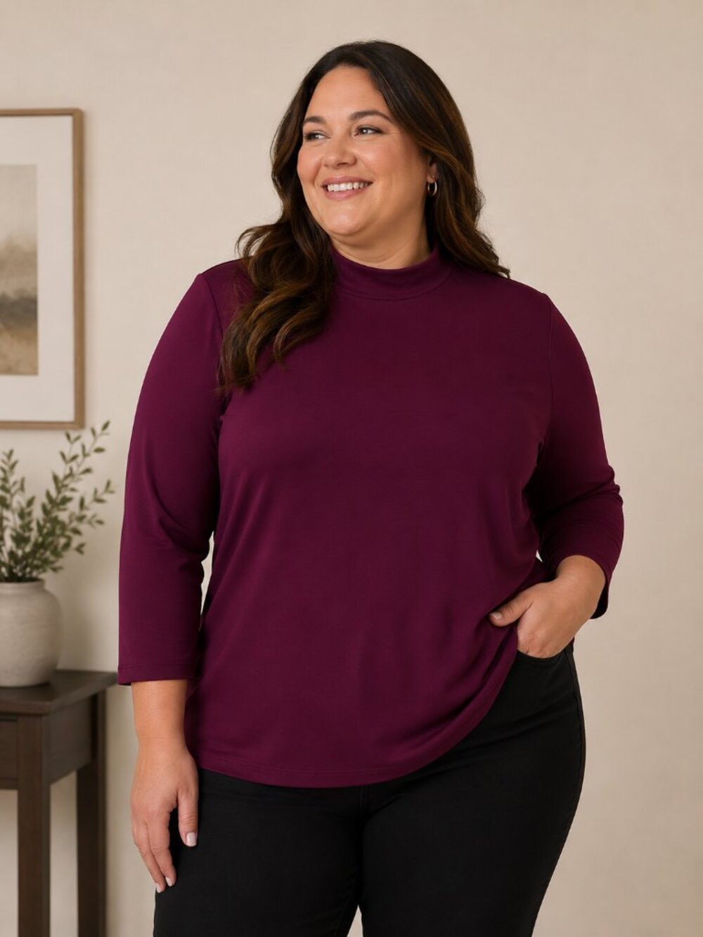 SUSAN GRAVER Plum Mock Neck Long Sleeve Shirt